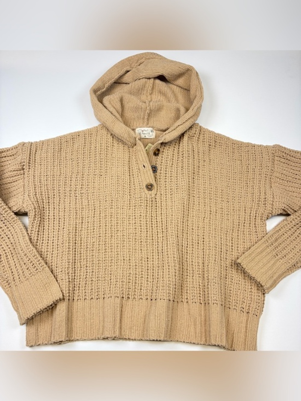 POOF APPAREL BEIGE CHUNKY KNIT HOODED HENLEY SWEATER SIZE M